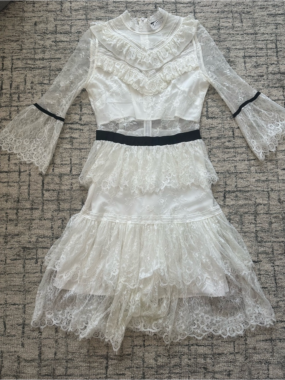 Lace Tiered Midi Dress with Black Waistband